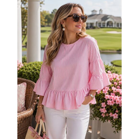Tyler Boe Tops - Tyler Boe Pink & White Striped Ruffled Peplum Bell Sleeve Blouse
